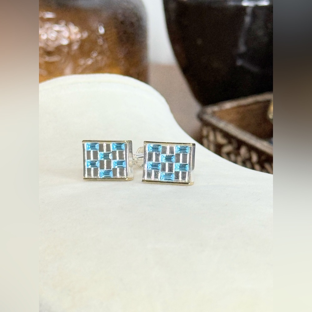 Givenchy Clip On Earrings Blue Crystal Checkerboard Signed Vintage Designer - Picture 5 of 10